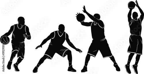 Basketball Player Silhouettes Set Showing Dribbling Defense Passing and Jump Shot Action Poses
