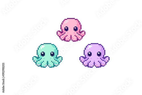 Three cute pixel art octopuses in pink, teal, and purple colors are arranged on a solid black background. These retro-style sea creatures feature large eyes and a charming aesthetic.