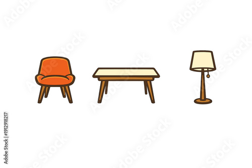 A minimalist flat design illustration featuring an orange armchair, a wooden table, and a floor lamp arranged horizontally against a solid black background.