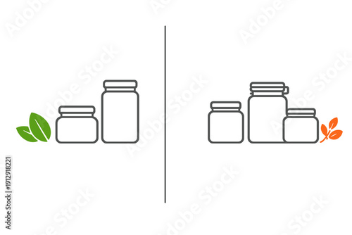 Minimalist illustration featuring two sets of glass jar icons separated by a vertical line. The left side has green leaves, while the right side features orange leaves on a black background.