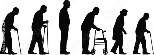 Full body black silhouettes of diverse elderly men and women walking with canes and a walker illustrating the aging process and mobility assistance.