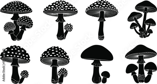 Black Mushroom Silhouette Collection with Spotted Toadstools Isolated on White Background Vector Set