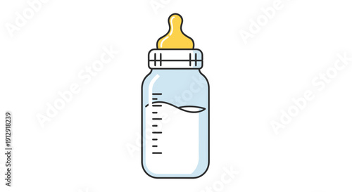 Baby bottle illustration with measurement markings and yellow nipple on transparent background