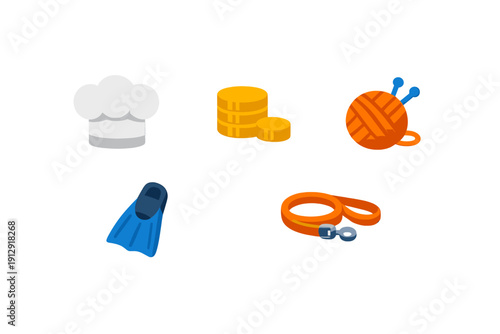 A collection of five colorful icons including a white chef hat, gold coins, orange yarn with knitting needles, a blue swim flipper, and an orange pet leash on a black background.