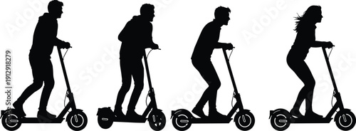 Set of Four People Riding Electric Scooters Silhouette, Men and Women Commuting in City, Modern Eco Friendly Urban Transportation Vector,