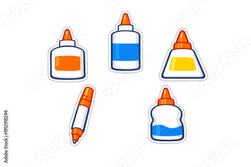 A collection of five cartoon school supply stickers including various glue bottles and an orange marker, all featuring bold colors and white outlines against a solid black background.