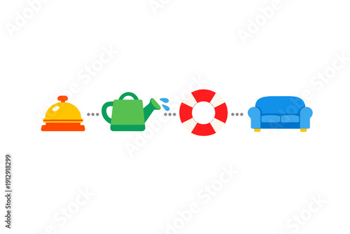 A row of four colorful icons including a yellow service bell, a green watering can, a red lifebuoy, and a blue sofa, all connected by grey dots on a solid black background.