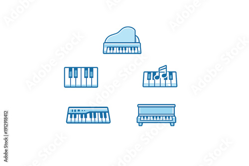 This set features five stylized blue icons of various piano types and electronic keyboards, including a grand piano and a synthesizer, displayed against a dark background.