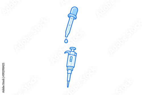 This image features blue-toned illustrations of a glass dropper with a falling droplet and a laboratory micropipette, both presented on a solid black background in a flat style.