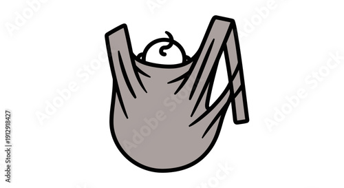 Illustration of a baby in a sling on a laundry basket, depicting childcare, domestic scene, and daily life