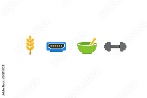 A collection of four minimalist icons featuring a yellow stalk of wheat, a blue electronic port, a green bowl with a spoon, and a grey dumbbell, all set against a solid black background.