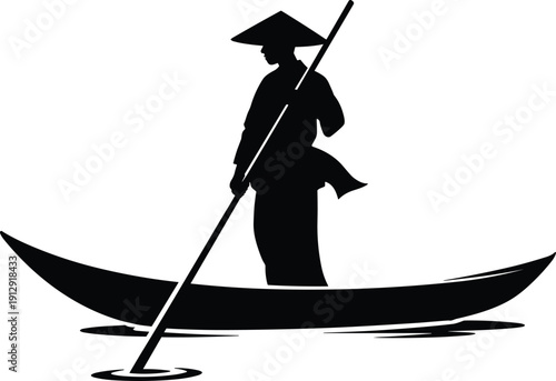 Asian boatman silhouette illustration isolated on white background, traditional fisherman rowing canoe, minimal black travel culture water scene design art
