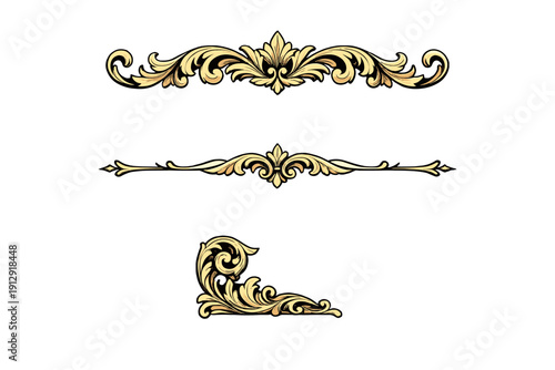 Three golden ornate decorative elements including two horizontal dividers and one corner piece featuring classical baroque scrollwork and filigree designs on a black background.