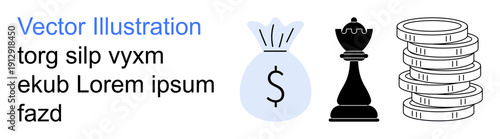 Financial strategy, decision-making, investment, risk management, wealth building, profit goals. Illustration includes a dollar money bag, chess king and stacked coins. Financial strategy
