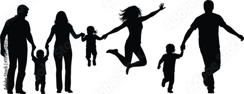 Full body black silhouettes of happy families with children walking and a young girl jumping in joy isolated on a white background for design.