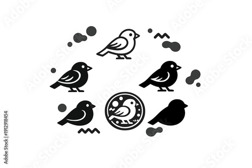 A collection of minimalist bird icons arranged in a circular pattern around a central emblem. The graphic features stylized avian silhouettes and abstract shapes in a black and white design.