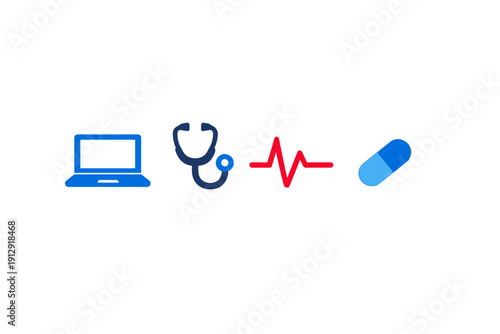 A collection of four medical icons including a blue laptop, a stethoscope, a red heartbeat line, and a blue pill capsule, all arranged horizontally on a solid black background.