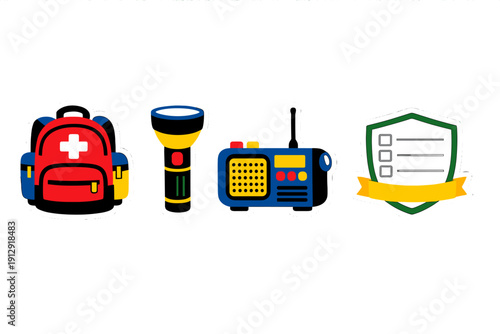 A set of four colorful icons representing emergency preparedness, including a first aid backpack, a flashlight, a portable radio, and a checklist shield on a black background.