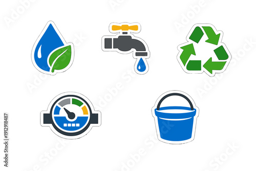 A collection of five environmental icons including a water drop with a leaf, a faucet, a recycling symbol, a water meter, and a blue bucket, all presented as stickers on a black background.