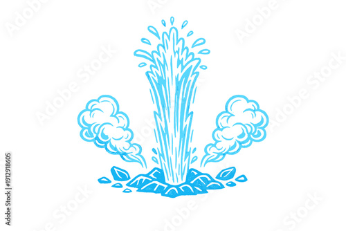 A blue hand-drawn illustration of a geyser erupting from a rocky base with steam clouds on either side, set against a solid black background in a sketchy artistic style.