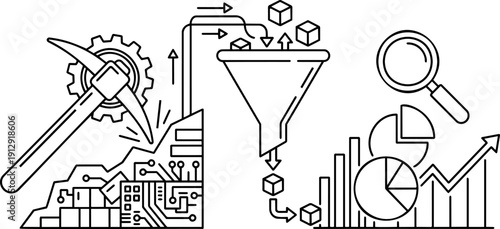 Vector Line Art of Data Mining and Analytics Process: Pickaxe Extracting Digital Data, Funnel Filtering, and Growth Charts