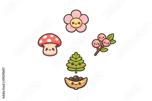 A collection of five cute nature-themed characters including a flower, mushroom, berries, leaf, and seed pod, all featuring smiling faces and rosy cheeks on a solid black background.