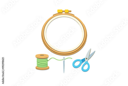 This vector illustration features essential sewing and embroidery supplies like a wooden hoop, green thread on a spool, a needle, and blue scissors against a black backdrop.