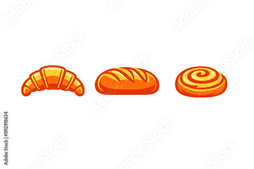 A set of three cartoonish bakery products featuring a croissant, a loaf of bread, and a swirl bun is shown in vibrant orange and yellow tones on a black background.
