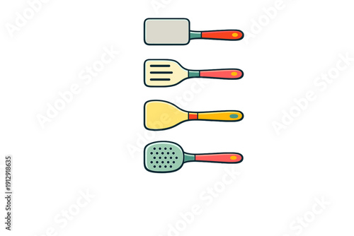 A set of four colorful kitchen spatulas and turners in a flat illustration style, featuring different head designs and handles against a solid black background.
