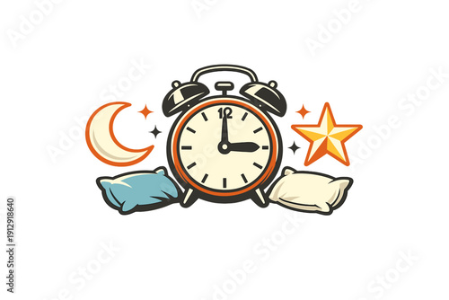A vintage-style illustration of an alarm clock set to three o'clock, surrounded by a crescent moon, a bright star, and two soft pillows against a solid black background.