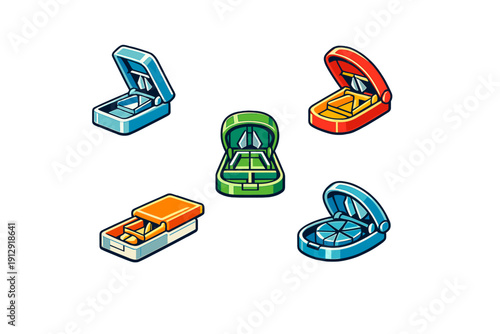 A collection of five colorful pill cutters and organizers in various shapes and sizes, including blue, red, green, and orange designs, isolated on a solid black background.