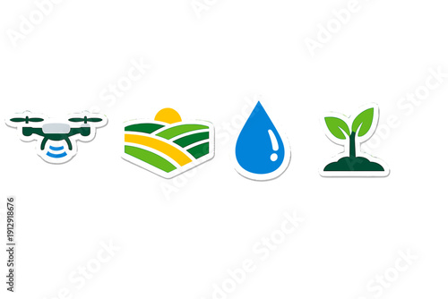 A set of four agricultural icons featuring a drone, a sun over farm fields, a blue water drop, and a green sprout growing from soil, all presented as stickers on a black background.