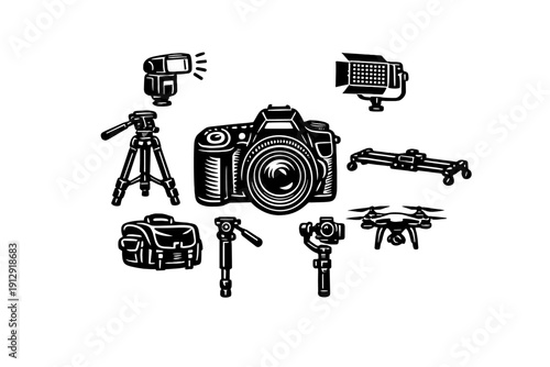 White line art icons of professional camera gear like a DSLR, tripod, drone, and lighting equipment are displayed in a circular arrangement on a black background.
