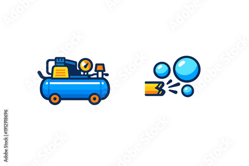 A stylized illustration of a blue portable air compressor with a pressure gauge and wheels, shown next to a nozzle emitting blue bubbles against a solid black background.