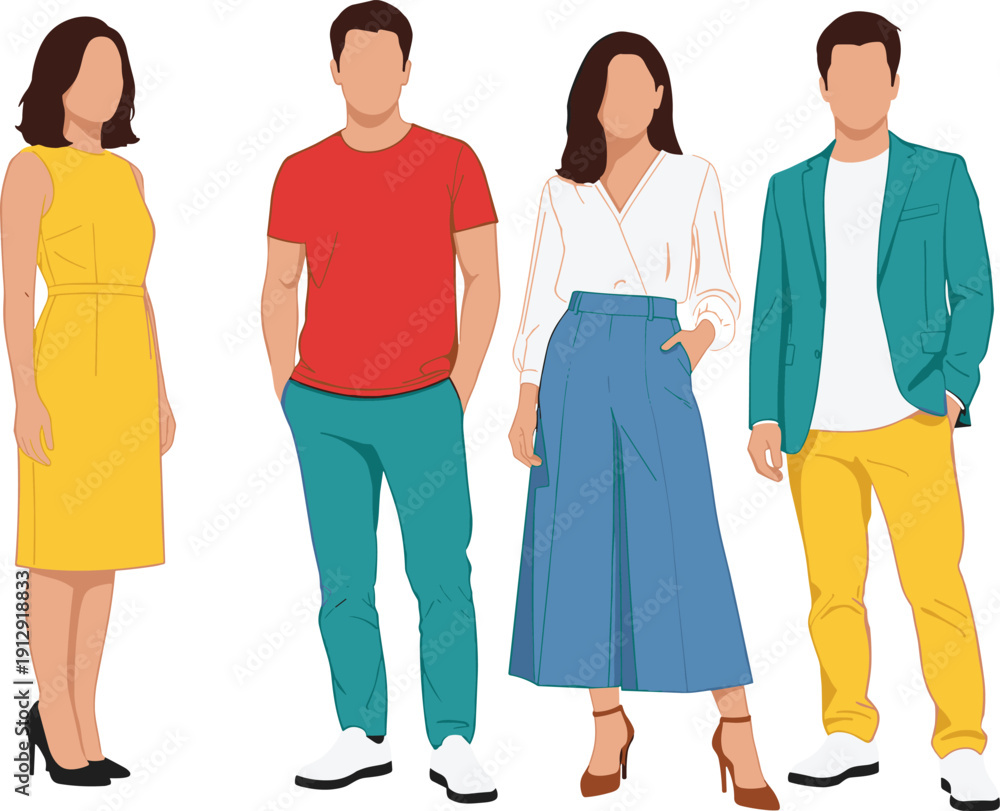 Obraz premium Flat vector illustration of diverse young professional group in trendy outfits standing together against white background for modern business concept.