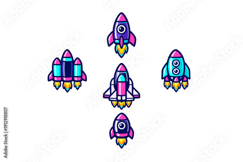 A collection of five colorful cartoon rockets and spaceships arranged in a diamond pattern against a solid black background, featuring vibrant pink, blue, and purple hues with engine flames.