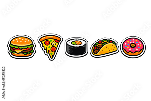 A collection of five colorful food stickers including a hamburger, pizza slice, sushi roll, taco, and a pink glazed donut with sprinkles, all set against a solid black background.