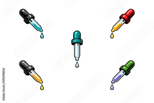 Five colorful eye droppers with falling liquid drops are arranged on a black background. Each pipette features a unique color combination in a stylized, illustrative comic book art style.