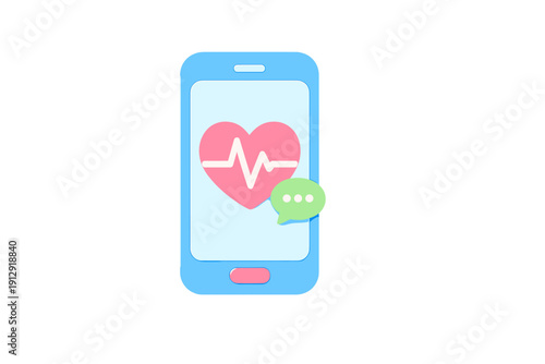 A 3D illustration of a light blue smartphone featuring a pink heart with a white heartbeat line on the screen and a green speech bubble, representing a mobile health application.