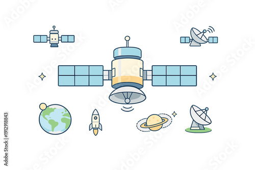 A collection of flat vector illustrations featuring various space technology and celestial bodies like satellites, a rocket, Earth, and a ringed planet on a black background.
