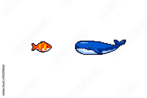 Pixel art illustration featuring a small orange goldfish and a large blue whale swimming against a solid black background. The design uses a retro eight-bit video game aesthetic.
