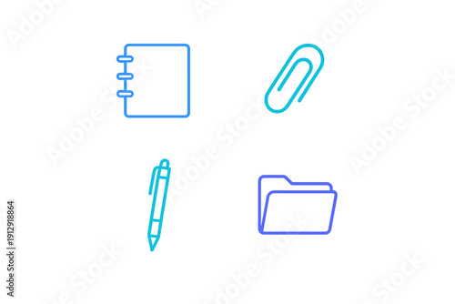 A collection of four minimalist office supply icons including a spiral notebook, a paperclip, a pen, and a file folder, all rendered in bright blue lines on a solid black background.