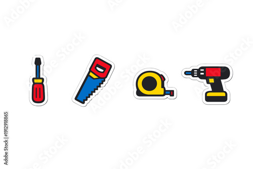 A collection of four colorful tool icons including a screwdriver, hand saw, tape measure, and power drill, designed as stickers with white borders on a solid black background.