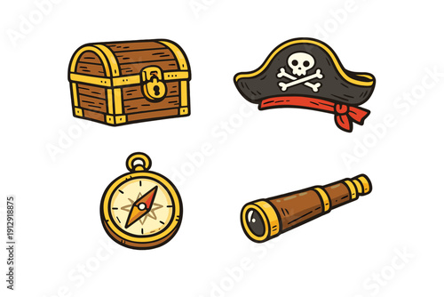 A set of four pirate-themed icons including a wooden treasure chest, a black hat with a skull and crossbones, a golden compass, and a brown spyglass isolated on a black background.