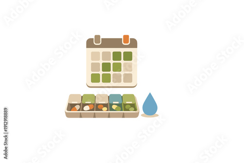 This graphic shows a calendar icon above a daily pill box containing different medications and a water droplet, representing a healthcare routine or medical schedule.