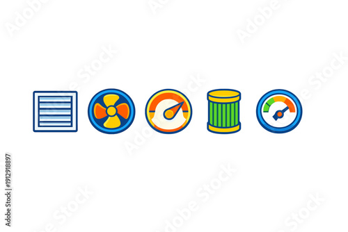 Five stylized icons for air conditioning and ventilation systems featuring a vent, fan, filter, and gauges with colorful details, all isolated on a solid black background.