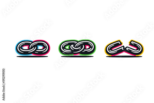 Three stylized link icons on a black background. The first two show connected links in blue, pink, and green, while the third shows a broken yellow link.