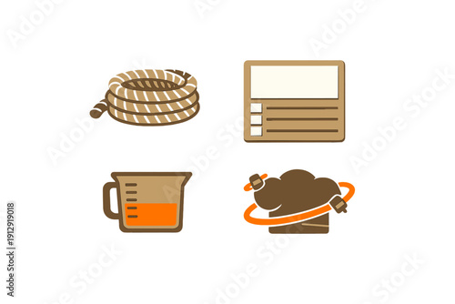 A collection of four flat icons including a coiled rope, a checklist form, a measuring cup with orange liquid, and a chef hat with an orbital ring on a black background.