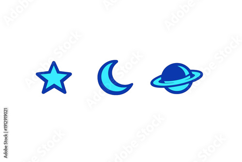 A blue star, a crescent moon, and a ringed planet are displayed in a row on a black background. These celestial body icons feature various shades of blue and a clean, modern design.