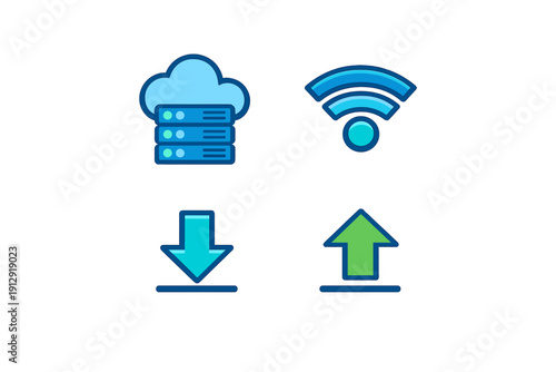A set of four digital icons representing cloud computing, wireless internet connection, data download, and file upload, displayed in a grid layout on a black background.